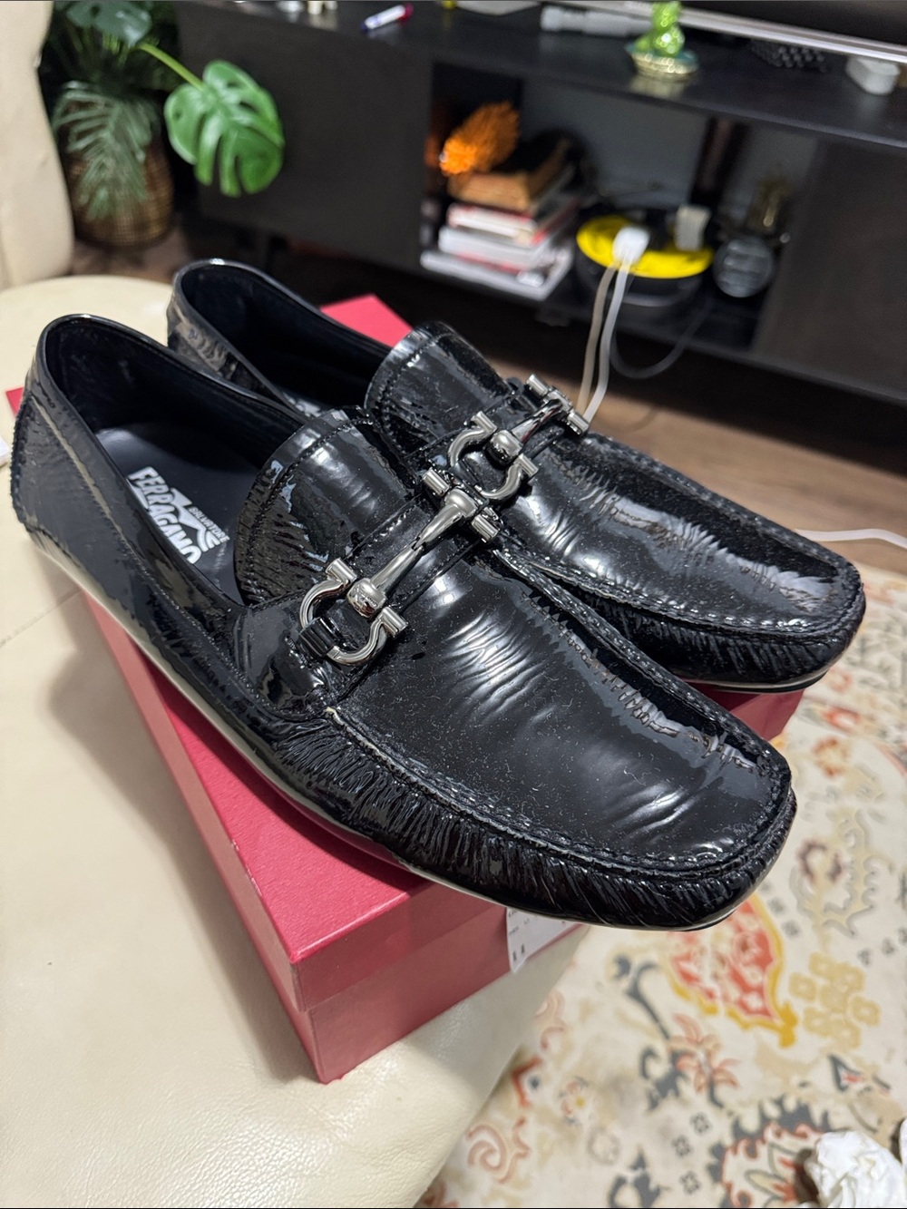Salvatore Ferragamo Black Patent Leather Bit Driving Loafers